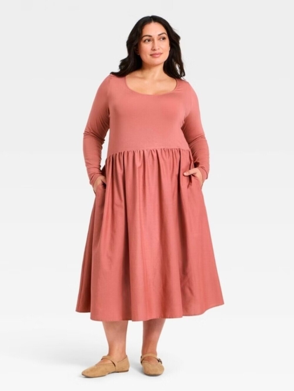 Ava & Viv Women's Long Sleeve Knit Midi A-Line Dress Mauve Size XXL